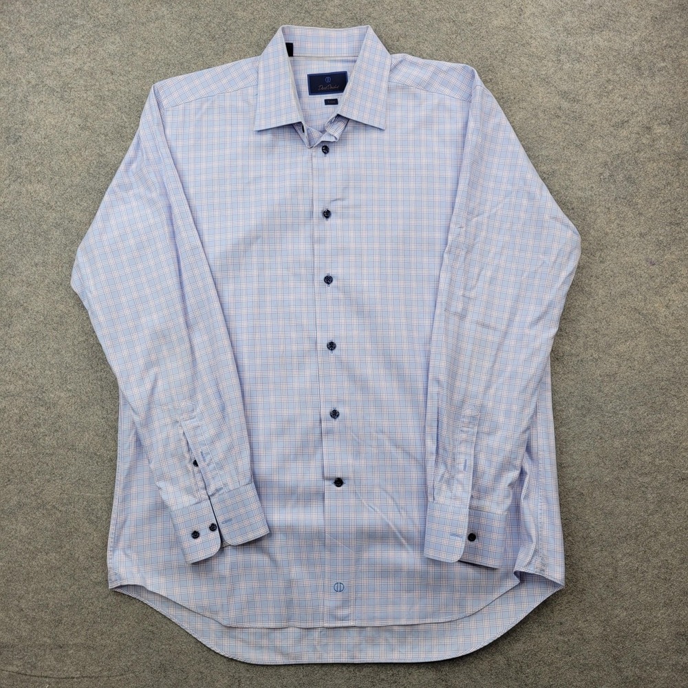 David Donahue Dress Shirt Mens 17 34/35 Blue Plaid Cotton Trim Fit Long‎ Sleeve